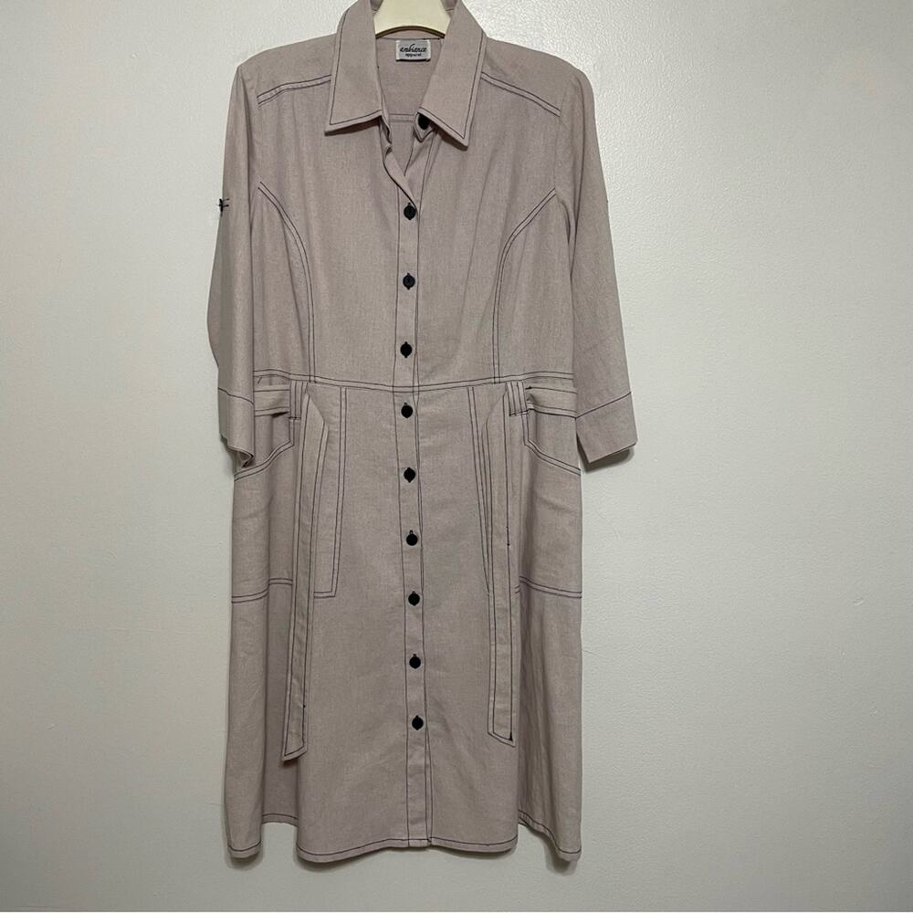 Ambiance Apparel Tan Linen Blend Shirt Dress 10
